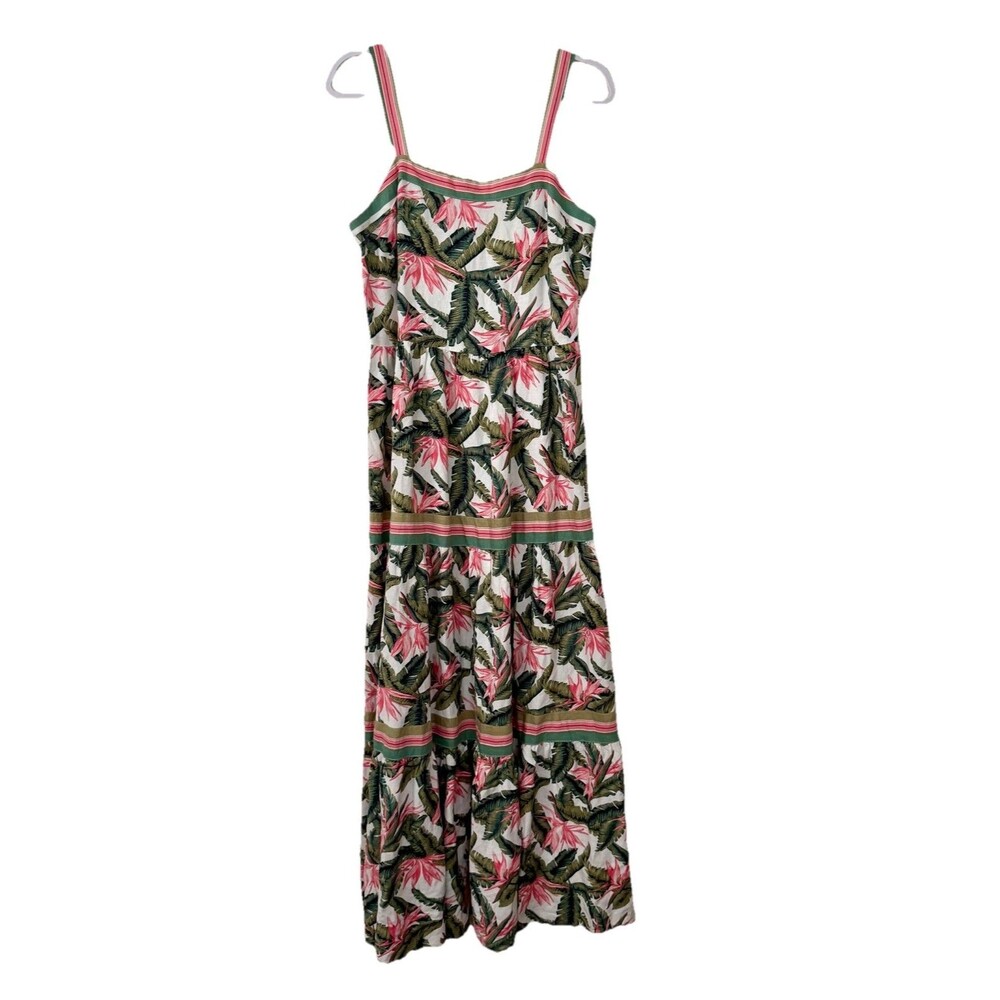 Loft Maxi Dress Womens 6 White Floral Tropical Tiered Linen Blend Resort Travel